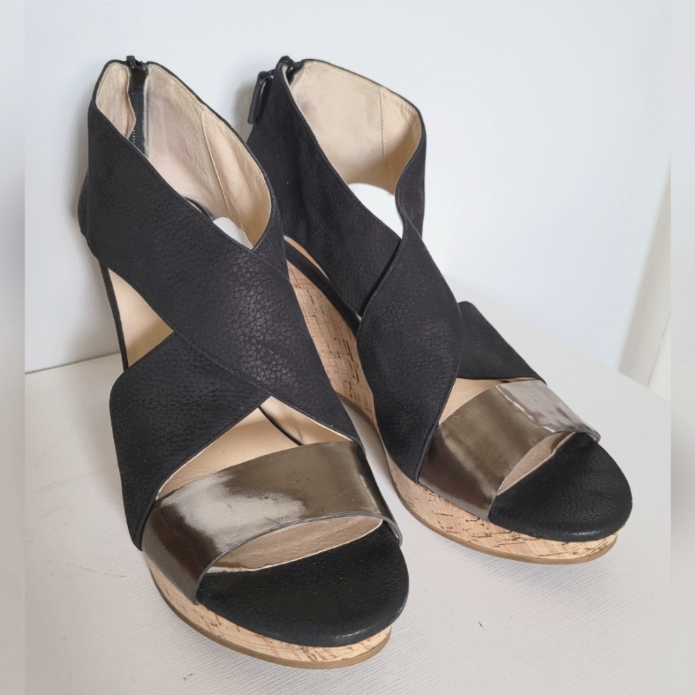 Cole Haan Cork Zipper Platforms Sandals Black Metallic Size 7.5